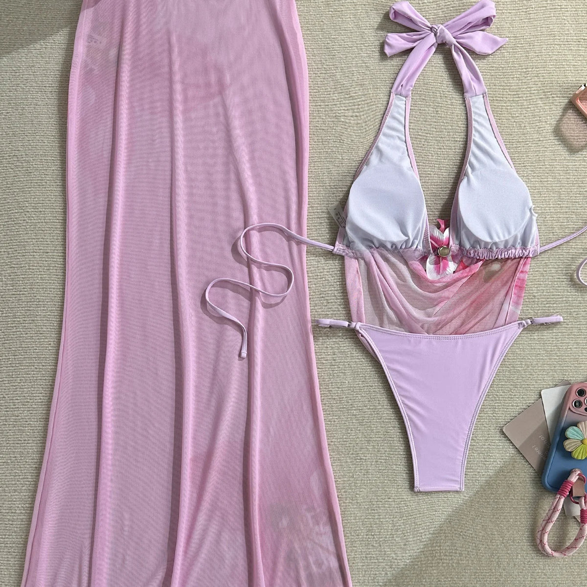 Ladies Pink Floral Print Bikini Swimsuit Three-Piece Set with Thermal Spring Long Skirt Separate Swimwear by BreezeWind