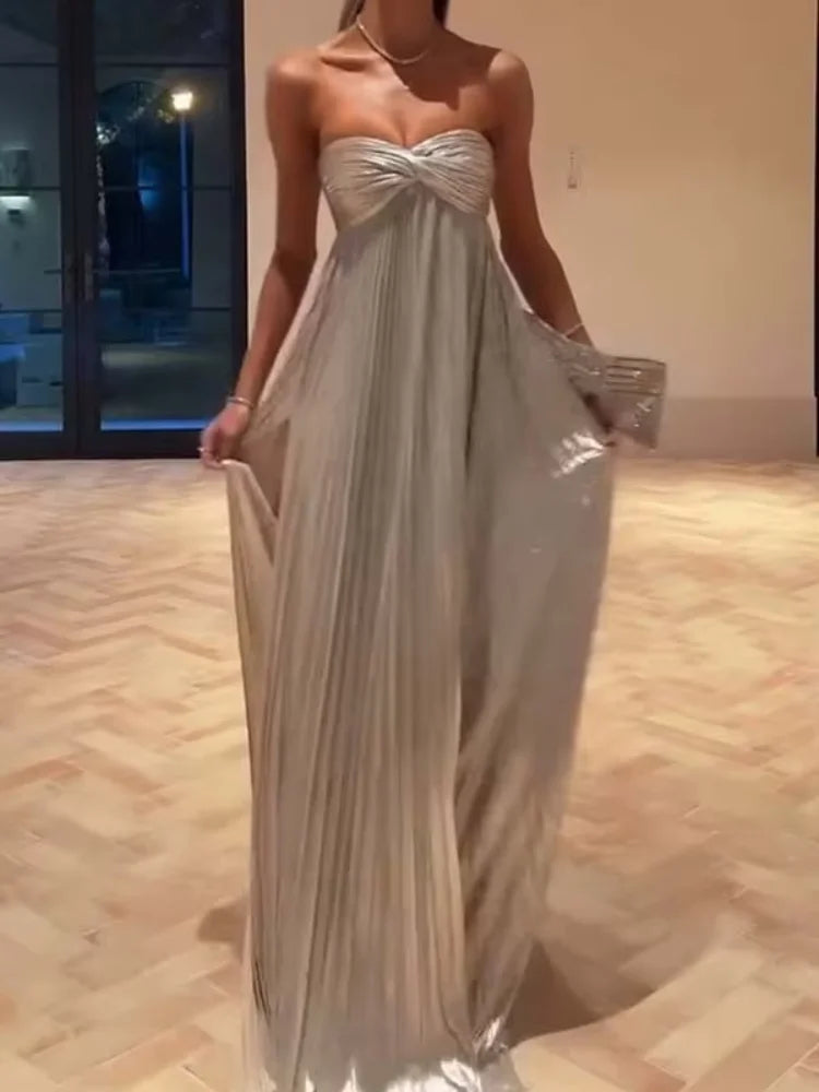 Women Solid Strapless Maxi Dress Sexy Sleeveless Off-shoulder Backless Loose Pleated Long Gowns 2025 Lady Evening Party Dresses