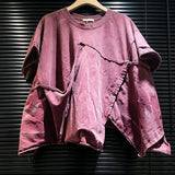DEAT 2026 Summer Distressed Washed Deconstructed T-shirt With Patchwork Design Asymmetrical Hem Loose Short-sleeved Top 11B467
