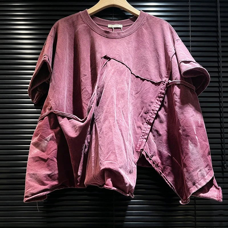 DEAT 2026 Summer Distressed Washed Deconstructed T-shirt With Patchwork Design Asymmetrical Hem Loose Short-sleeved Top 11B467