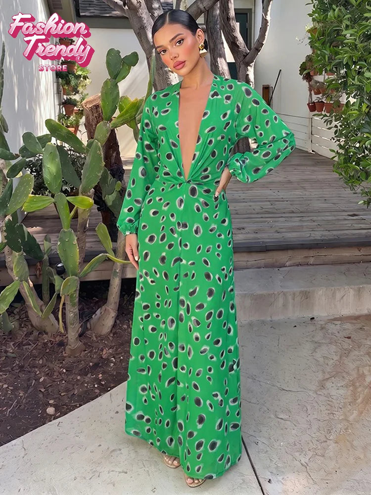 Women Vintage Green Print Dress Loose V-neck Waist-cinching Long Sleeve Print Maxi Dresses Tropicsal Summer Outing Gown 2026 New