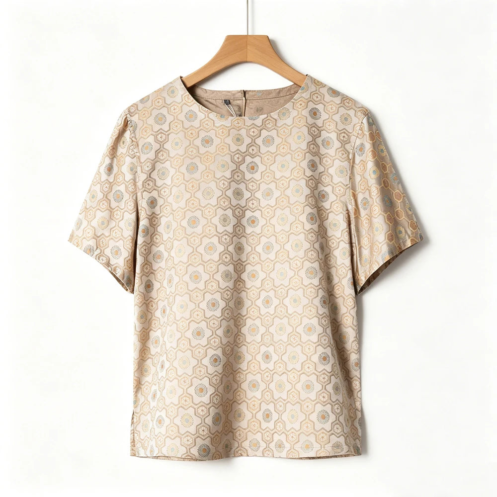 2026 Women's Fashion Summer Clothing Heavy 100% Natural Mulberry Silk Song Brocade Apricot Hexagonal Printed T-shirt
