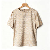 2026 Women's Fashion Summer Clothing Heavy 100% Natural Mulberry Silk Song Brocade Apricot Hexagonal Printed T-shirt