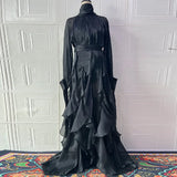 Women's Party Dresses Fashion High Waist Pleat Lady Casual High Collar Layered Banquet Dress Elegant Long Sleeve Evening Dress