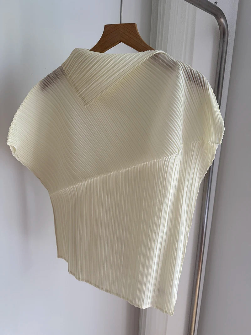 Miyake Pleated Summer New Asymmetrical Lapel Short-sleeved T-shirt