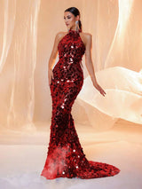 LOVE&LEMONADE Sexy Halter Neck Gold Sequin Backless Maxi Evening Dress for Women Wholesale Dropshipping LM86444