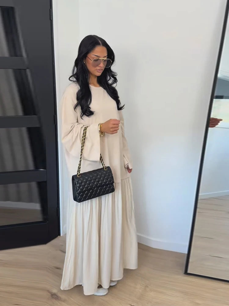 Oversized Flare-Sleeve Maxi Dress Crew-Neck Tiered Loose-Fit Spring Casual Long Dresses Flowy 2026 Summer All-match Solid Outfit