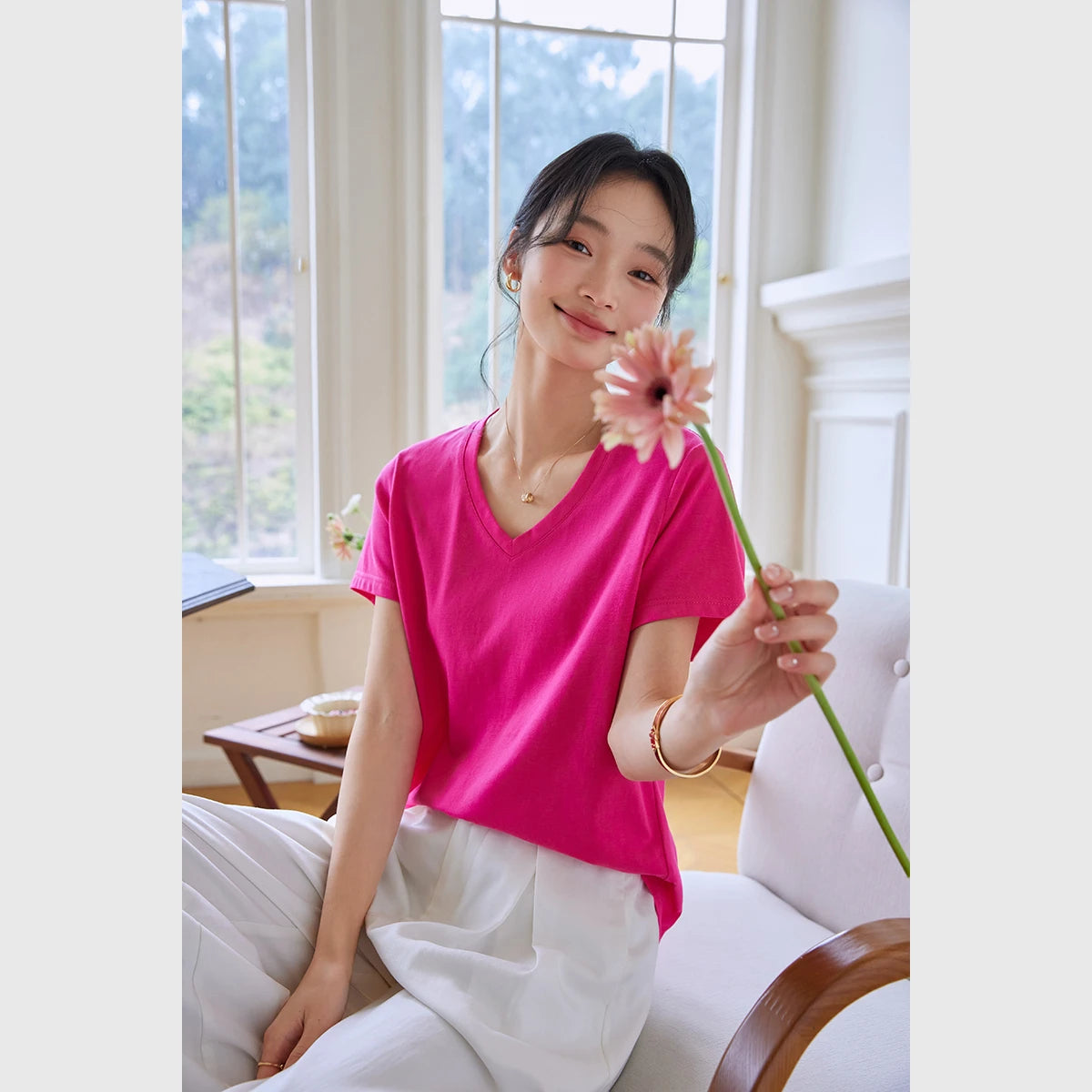 VIMLY Women's Casual V-neck Loose T-Shirt 2026 Summer Short Sleeve Cotton Blend Simple Commute Pullover Versatile Tees Top A0811