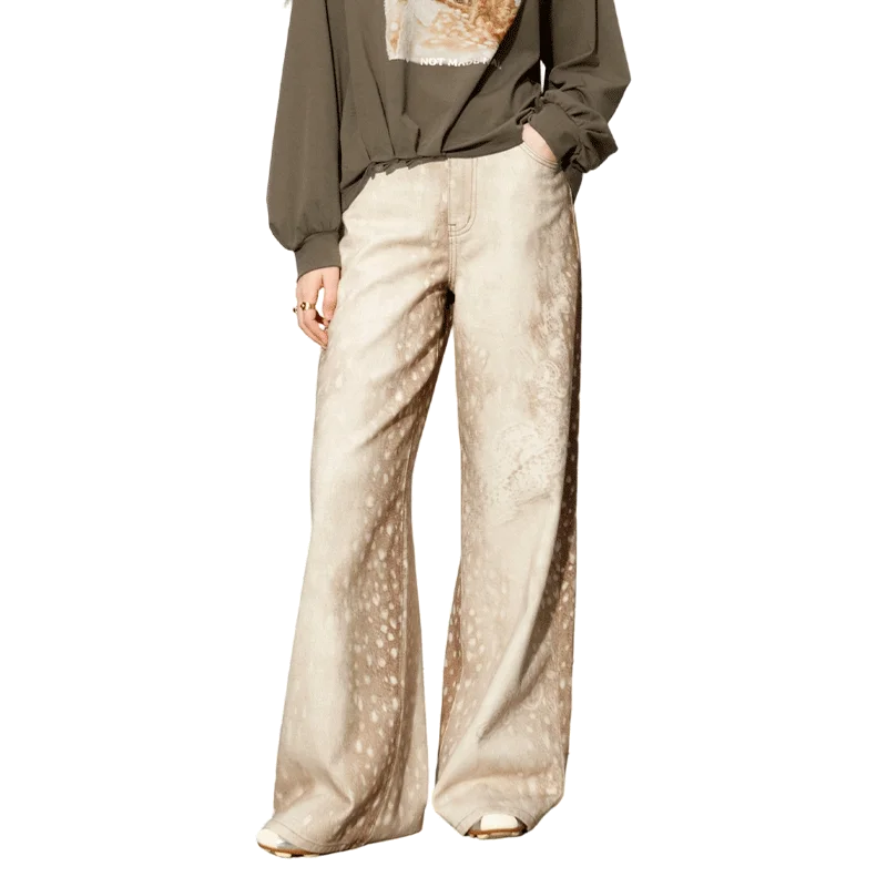 ELFSACK Women's Loose Fit Jeans with Gradient Fawn Print, Vintage Style for Everyday, Chic Wide Leg Bottoms