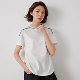 KL7513242 Women's Light Luxury High-Quality Cotton Blend T-Shirt with Contrasting Chain Detail Pullover Style