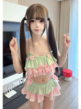 New Coquette Sweet Kawaii Lolita 2 Piece Swim Set Women Slim Fit Bow Ruffle Polka Dot Lace Trim Strap Cute Beach Vacation Outfit