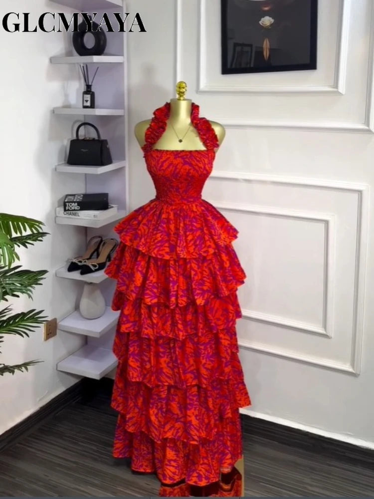 GLCMYAYA Women Floral Printed Cascading Ruffles Ball Gown Midi Maxi Long Dress Birthday Vacation Holiday Party Dresses Vestidos