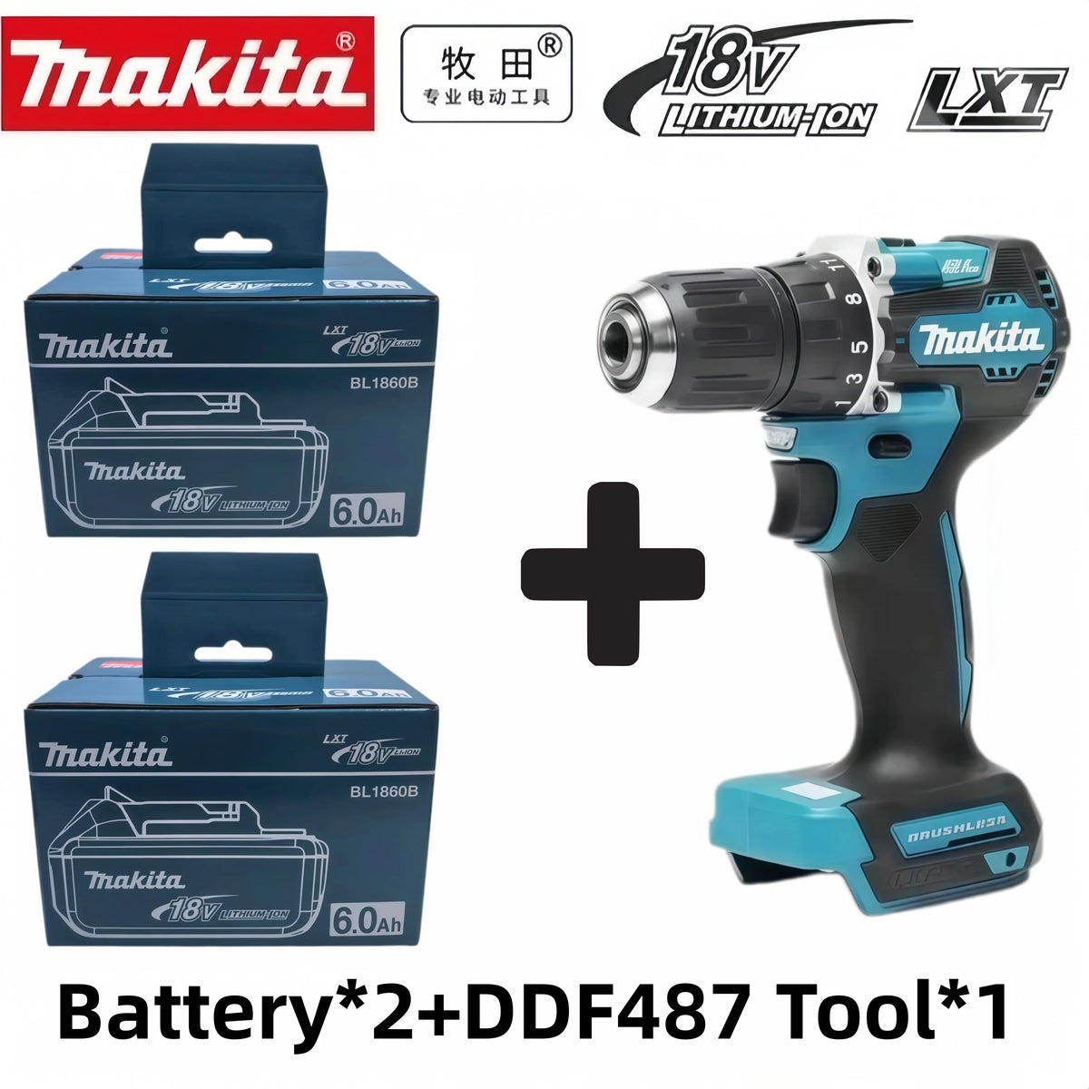Original Makita 18V DDF487 Brushless Cordless Drill, Electric Screwdriver With 6.0Ah Battery Various Complete Packages