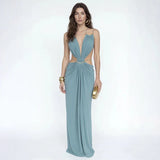 Sexy Women Dress Hollow Sleeveless Deep V Neck Big Backless Hip Package Long Dresses Elegant Summer New Beach Holiday Robes Lady