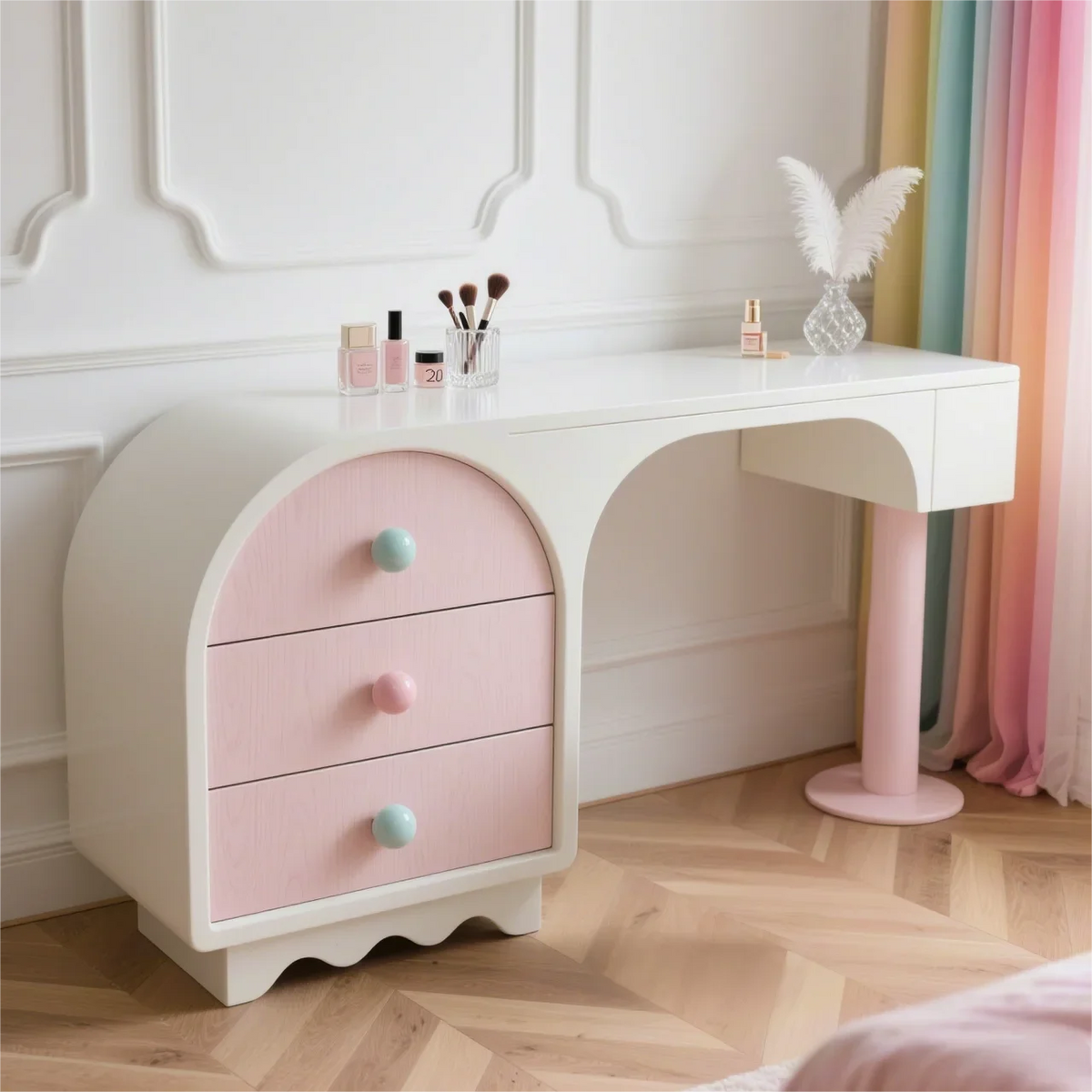 XX39New cream style pink solid wood chest integrated bedroom makeup table storage cabinet