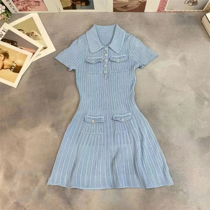 2025 Spring/Summer New Polo Neck Short Sleeve Knitted Dress Y2K Fashion Commuter Elastic Slim Fit Multi Pocket Wrapped Hip Skirt