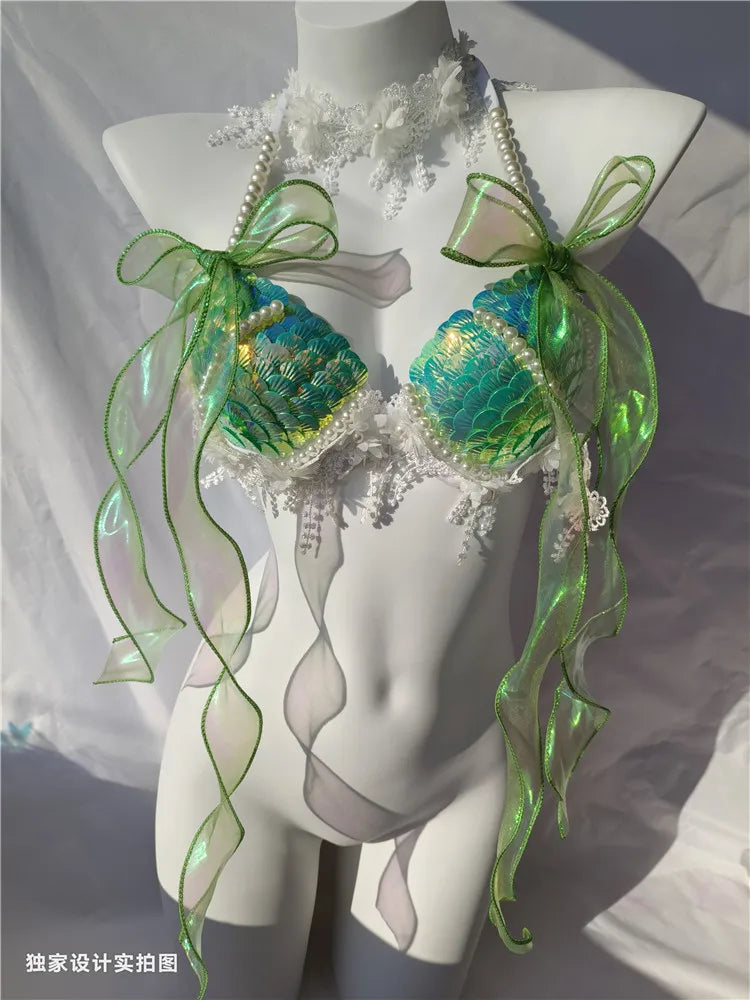 RM Handmade Mermaid Sequin Shell Bikini Top Bra Oceanarium Bar Table Performance Costume Fishtail Leather