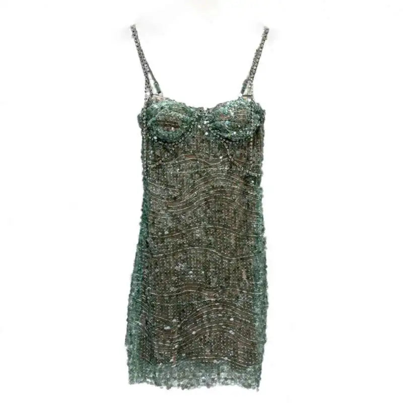 DEAT Heavy Industry Diamond Chain Pearl Suspender Dresses Women For Women 2024 Summer New Party Strap Dress Female 29L7707