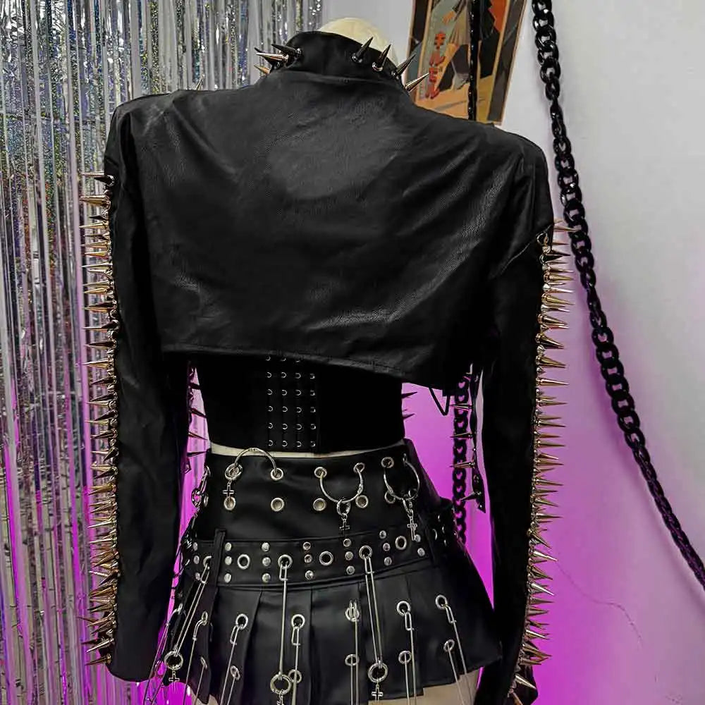 Women's Y2K Gothic Black PU Leather T-shirt Spiked Boho Emo Punk Rock Grunge Rave Festival Tops Bra with Spikes for Teens
