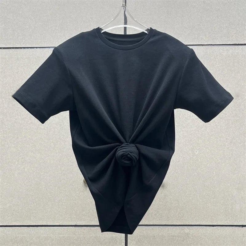 Women's t-shirt New elastic knitted slim women's corset for summer 2025 cotton short sleeved shirt round neck pullover Crop top