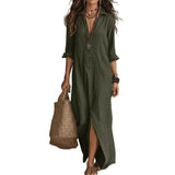 Casual Long Sleeve Loose Maxi Dress Women 2026 Summer Solid Color Turn-down Collar Beach Long Dresses Elegant Vestidos
