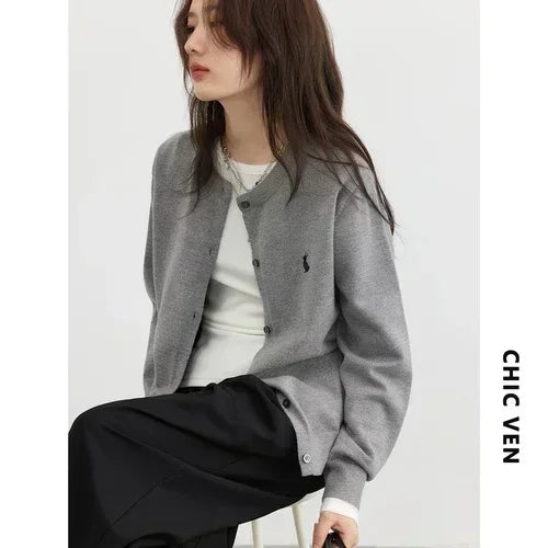 CHIC VEN Women T-Shirts New Multi Color Option Simple Solid Rabbit Embroidery Knitted Cardigan Sweater Autumn Spring 2025