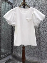 Vintage Simple Tshirts for Women Summer T-shirts Puff Sleeve O-neck Tees All Match Tops Fashion Sweet White Tees 2026 Ropa Mujer