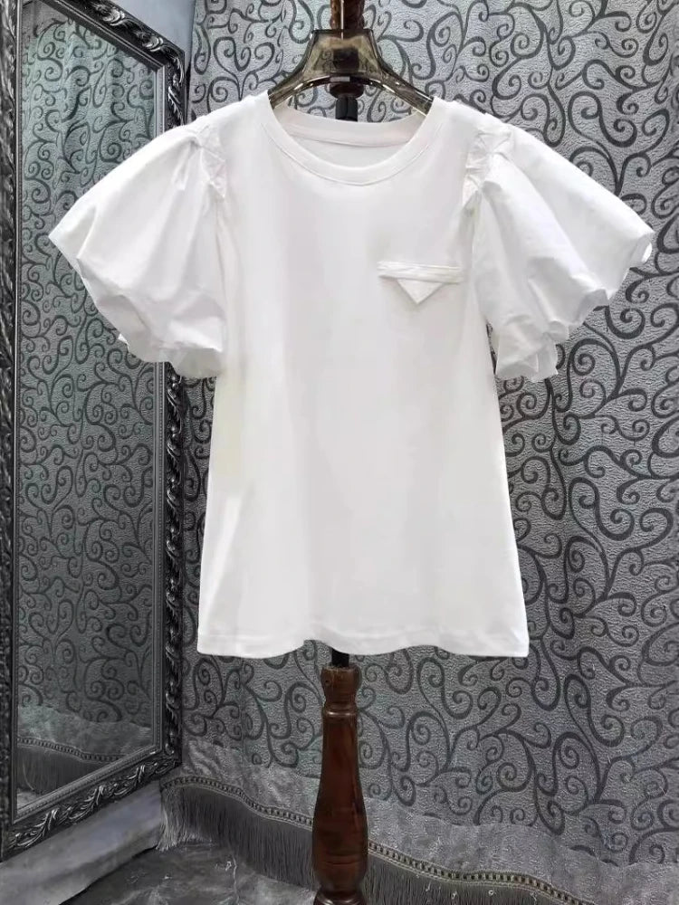 Vintage Simple Tshirts for Women Summer T-shirts Puff Sleeve O-neck Tees All Match Tops Fashion Sweet White Tees 2026 Ropa Mujer