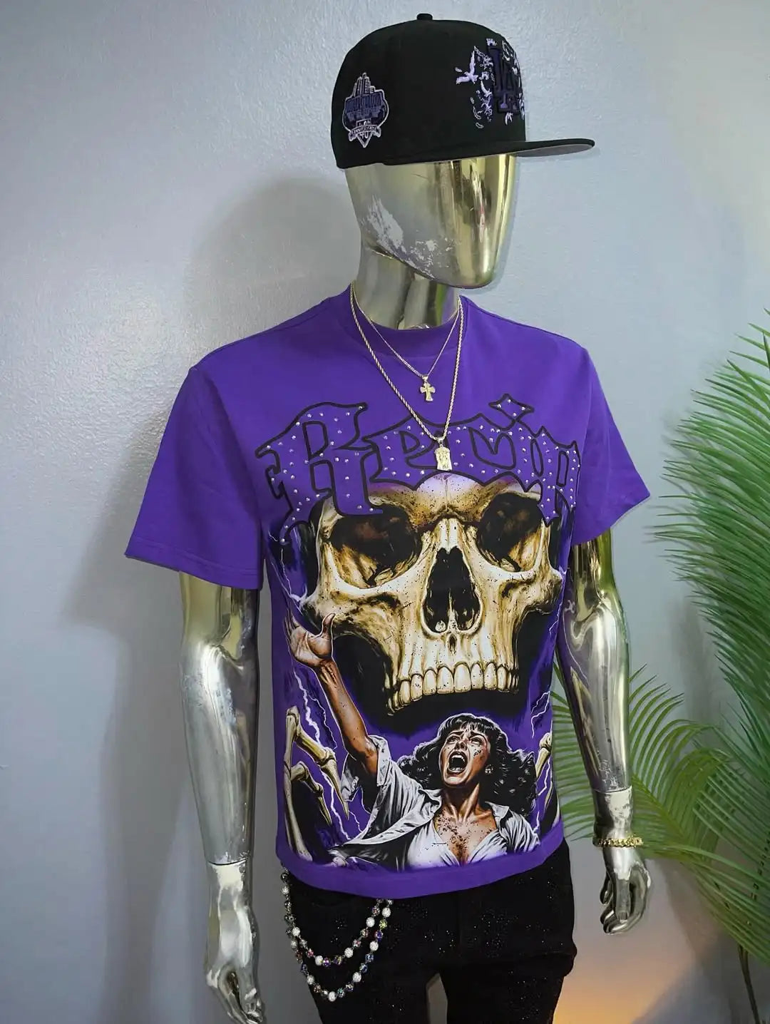 Y2K Purple Skull Graphic T-shirt Men Gothic Streetwear Rock Band Print Oversized Short Sleeve Top