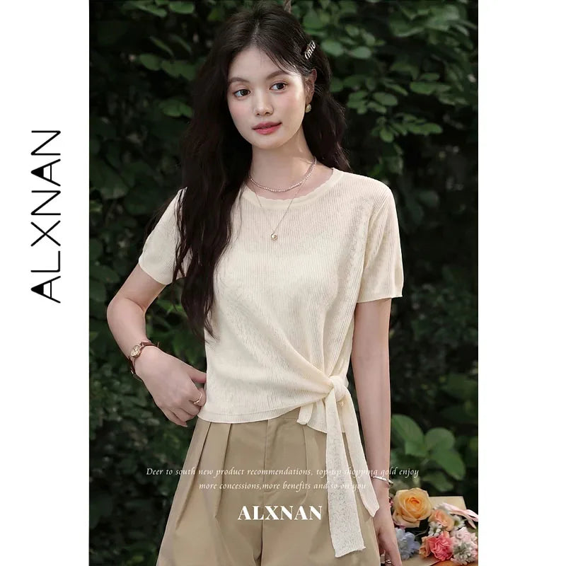 ALXNAN Women Red T-shirt Summer Elegant Ruffled Crew Neck Short Sleeve T-shirt Hem Tie Sash Design Casual Loose-fit Tops L65892A