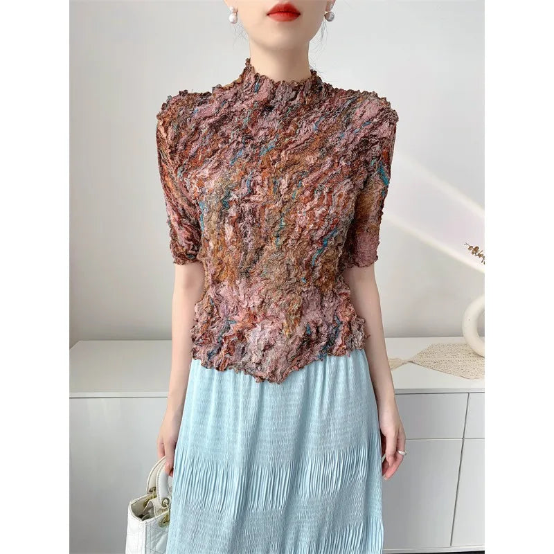 Printed Summer Pleated Top Comfortable Casual Split Loose T-Shirt Round Neck Short Sleeve Stretchy Tight Office Women's