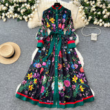 Retro Faion Print Stand Collar Single Button Women's Dr Waist Cinched Floor Length Skirt Korean Sle High Waist Long Sl...