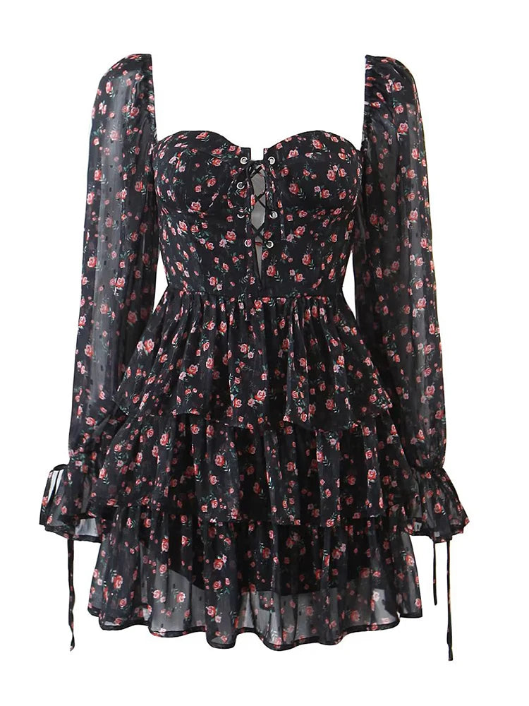 YENKYE Autumn Fashion Women Vintage Floral Print Chiffon Dress Sexy Semi-Sheer Long Sleeve Layered Ruffle Ladies Short Dress