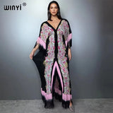 WINYI Women's Boho Maxi Kaftan Dress Africa Style Elegant Pleated Beach Cover-Up Elastic Luxury Party Evening Dubai Abaya