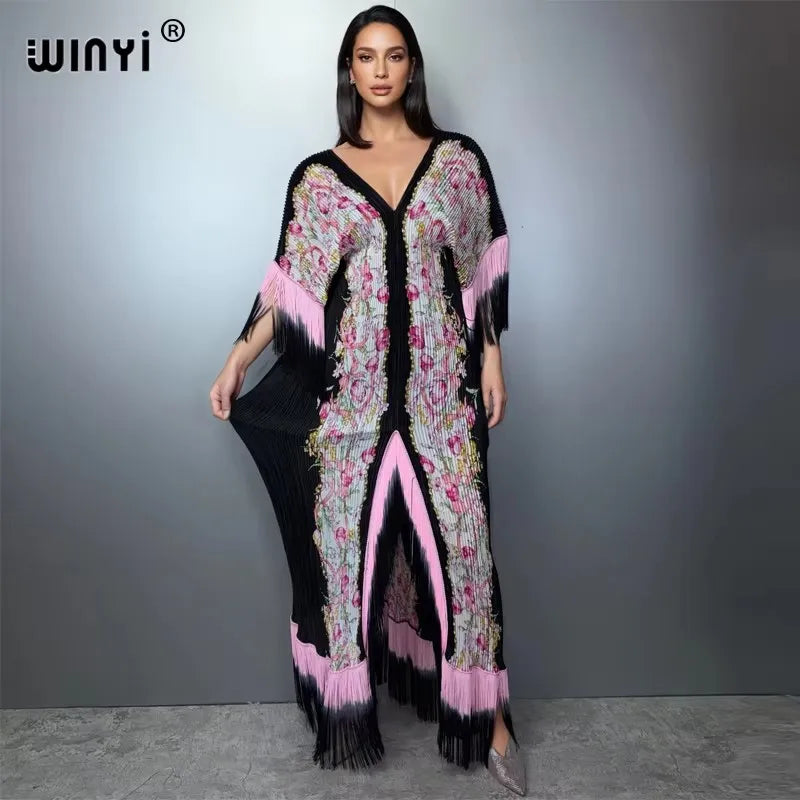 WINYI Women's Boho Maxi Kaftan Dress Africa Style Elegant Pleated Beach Cover-Up Elastic Luxury Party Evening Dubai Abaya