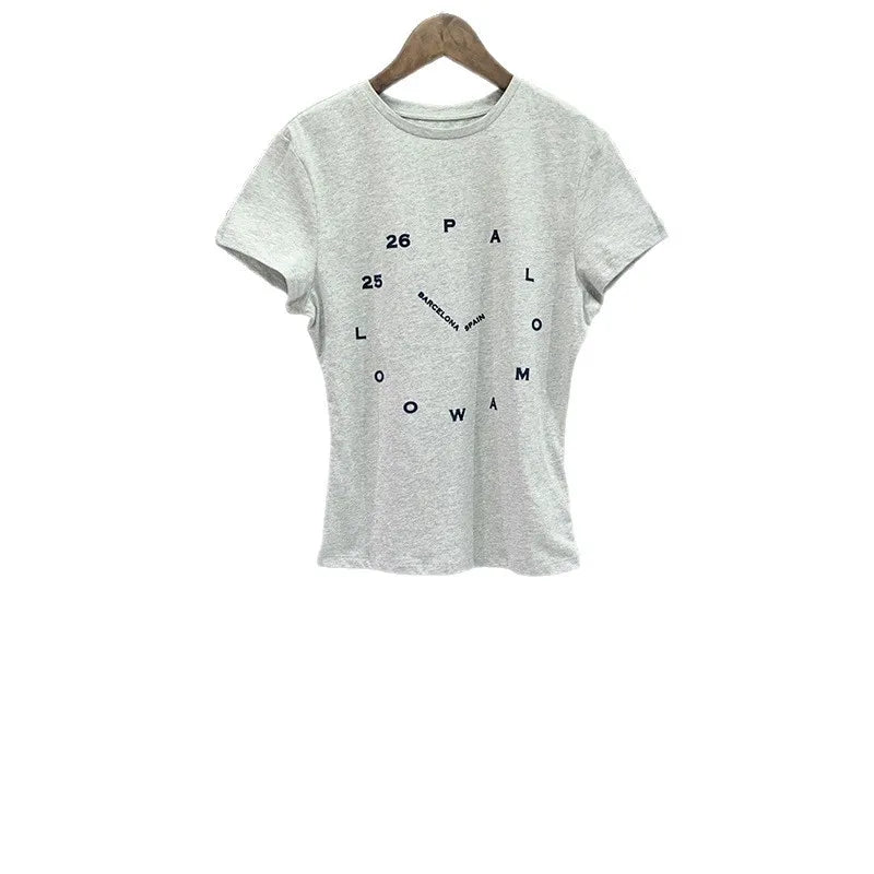 Trendy 2026 Summer Flocking Clock Print Round Neck Stretch Slim Fit T-Shirt