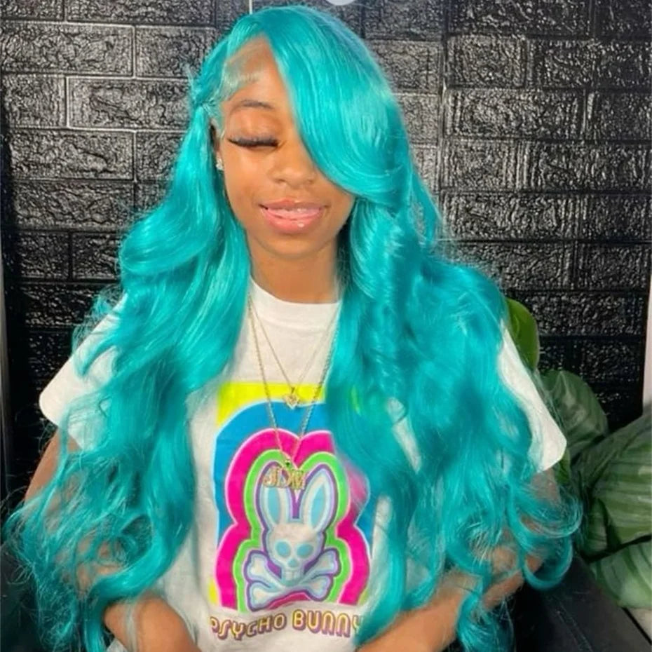 13x6 Teal Ocean Blue Lace Front Wig Human Hair Body Wave 613 Blonde Lace Frontal Wig Preplucked Mint Green Color Human Hair Wigs