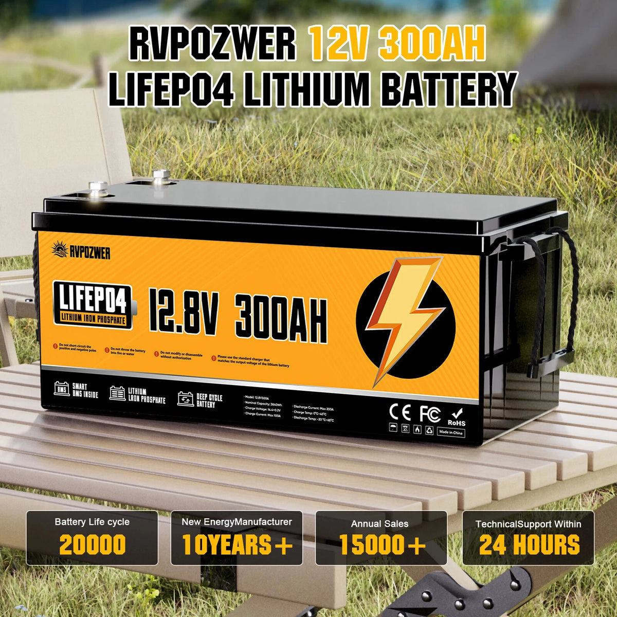 RVPOZWER 12.8V 300Ah LiFePO4 Lithium Battery 3840Wh Smart Built-in BMS Rechargeable Storage Battery 15000+ Deep Cycles Portable Iron Phosphate Battery for Off-Grid Solar System RV Camper Trailer Marine Boat Trolling Motor Household Emergency Backup Power