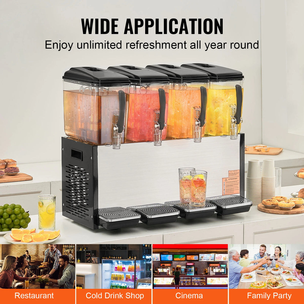 SucceBuy Commercial Beverage Dispenser 4 Tanks 10L/12L Per Tank Juice Dispenser Stainless Steel Ice Tea Drink Machine