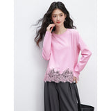 VIMLY Women‘s Casual T Shirts 2026 Spring New Fashion Round Neck Contrast Lace Trim Versatile Loose Fit Long Sleeve Top A3980