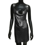 Sexy Metallic Sequin Mini Dress For Women Backless Cocktail Club Glitter Low Cut Halter Dress Rave Party Nightclub Dresses
