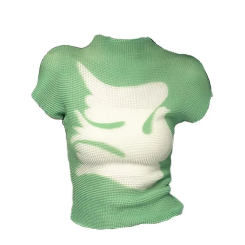 Euphoria Y2K Sweet Patchwork Green Short Sleeve Folds T-Shirts For Women Casual Slim Fit Fashion Knitted Tees Shoujo Tops