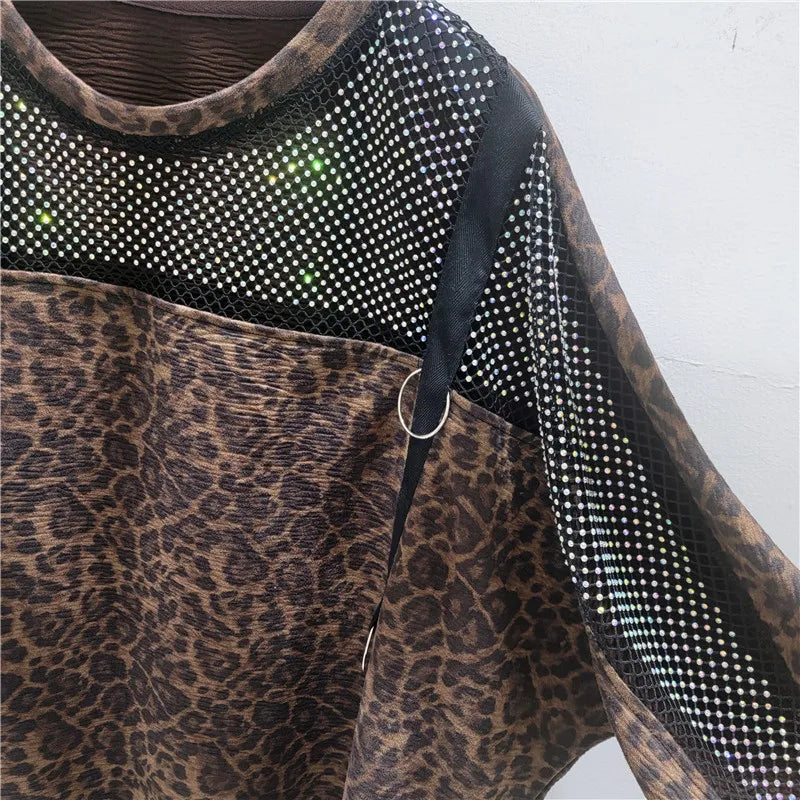 KUCLUT 2026 Summer New Faux Two-piece Mesh Patchwork Leopard Print Short-sleeve T-shirt For Women Loose Asymmetrical Tops 1A3719