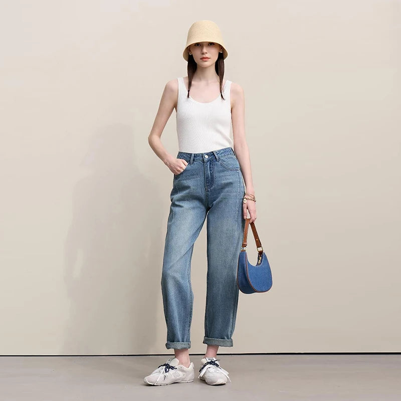 Amii Straight-leg Pants 2026 Autumn New Solid Color Casual Washed Denim Trousers Versatile Basic Cotton Women's Pants 12621040