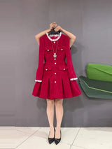 plus Size Color Block Collar Long Sleeve Waist Cinched Little Black Dress Red Elegant Ladylike Dress Commute Style A-Line Skirt