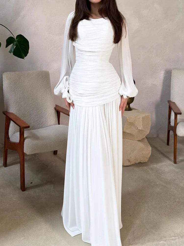 Women's Fashion Draped Design Solid Long Dress 2026 Casual Commute Waist Party Dresses Elegant O-neck Long Sleeve Evening Dress