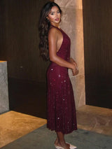 VC Stylish Halter Open-Back V-Neck Sequins Dress for Fashion Events Party Evening Gown