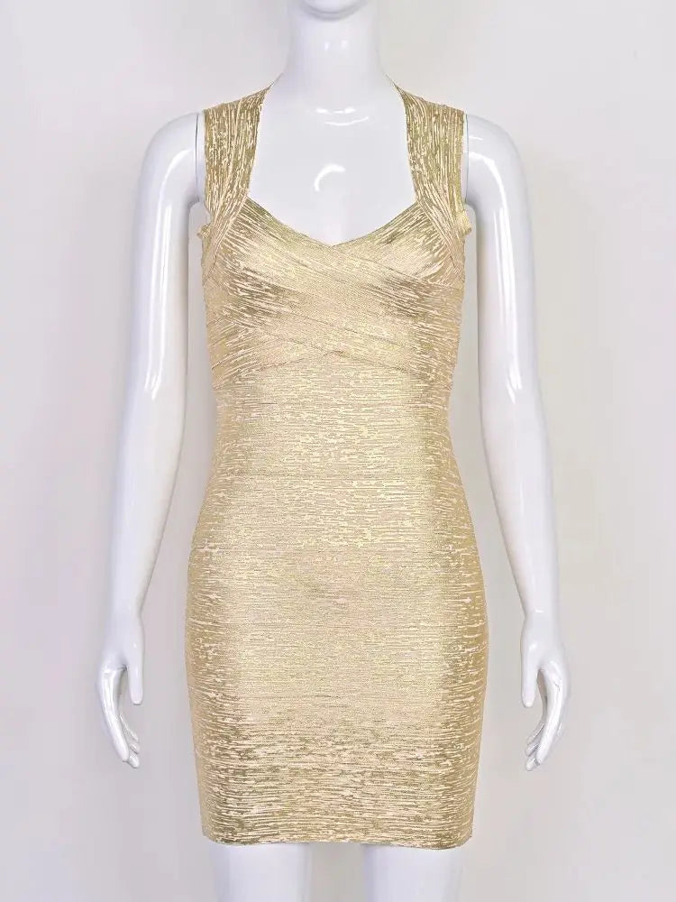 BEAUKEY Fashion Luxury Golden Metallized Print Evening Bandage Dress Women Mini Halter Backless Sexy Bodycon Dress Maxi Vestidos