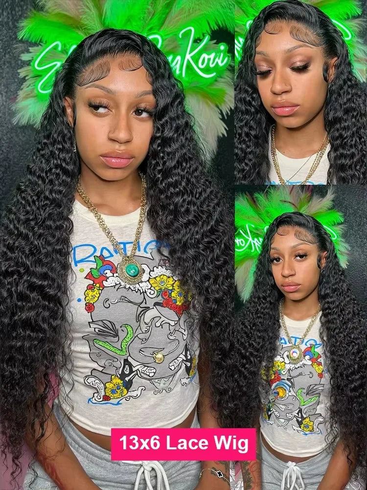 Water Wave Curly 100% Human Hair Brazilian 13x4 13x6 Lace Front Wig 250 Density Deep Wave 360 Full Lace Front Wigs Black