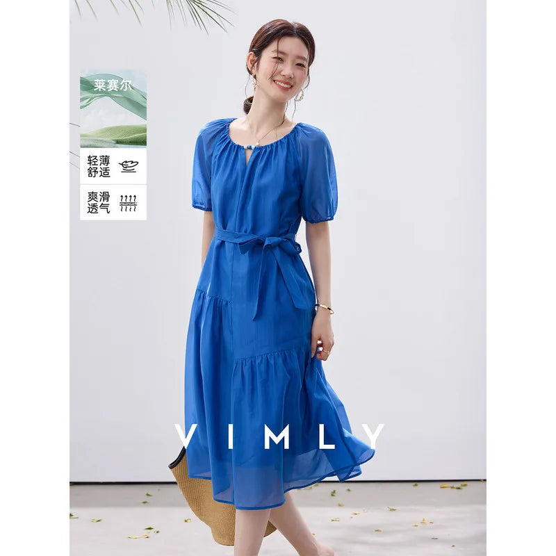 VIMLY Summer Women's Klein Blue Dress 2026 New Short Sleeve A-Line French Tie Waist Puff Sleeve Midi Dresses A5229